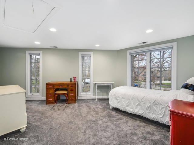 carpeted bedroom with multiple windows