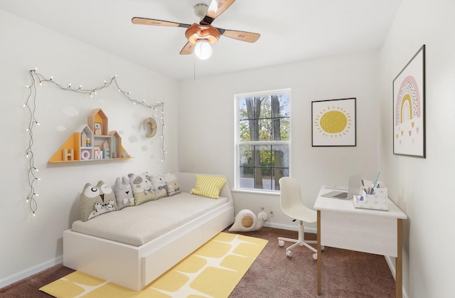 bedroom featuring ceiling fan and carpet flooring