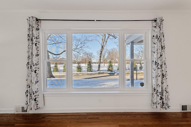 interior details featuring ornamental molding and hardwood / wood-style floors