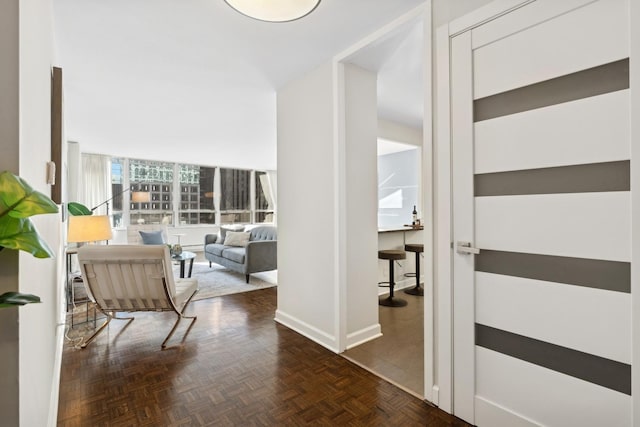 hall featuring dark parquet flooring