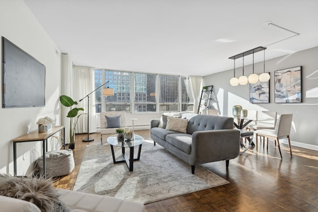 living room with parquet floors