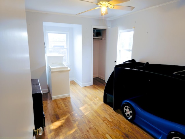 interior space featuring ceiling fan, baseboards, a closet, light wood-type flooring, and crown molding