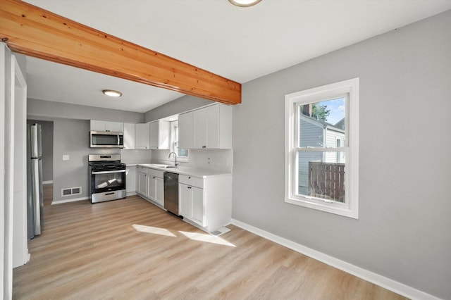 kitchen featuring light hardwood / wood-style floors, beam ceiling, white cabinetry, appliances with stainless steel finishes, and sink