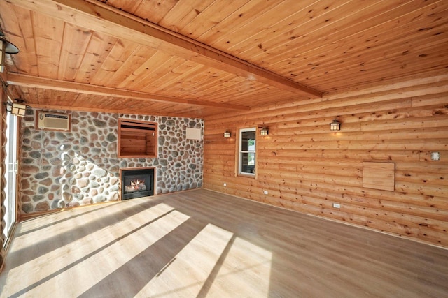 unfurnished living room featuring rustic walls, a fireplace, wooden ceiling, and beamed ceiling