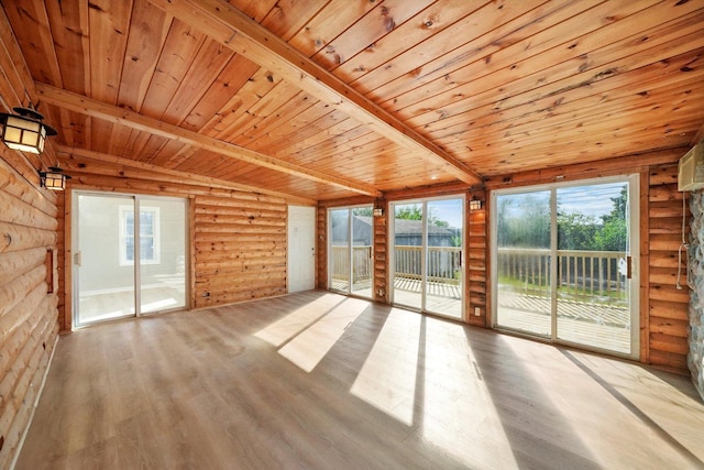 unfurnished sunroom featuring wooden ceiling, lofted ceiling with beams, and a wealth of natural light