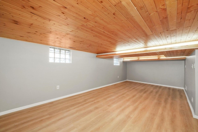 basement with light wood-type flooring and wood ceiling