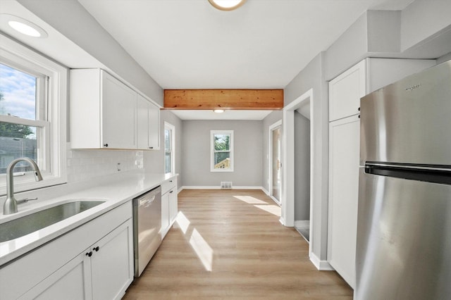 kitchen with sink, stainless steel appliances, white cabinetry, and tasteful backsplash