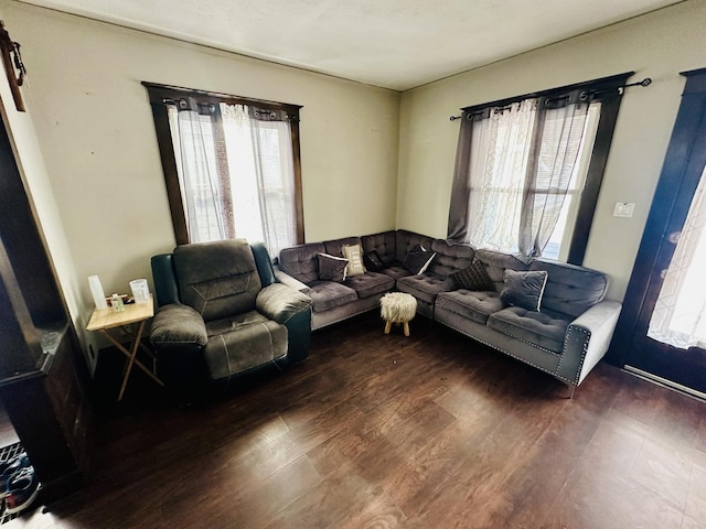 living room with a healthy amount of sunlight and dark hardwood / wood-style floors