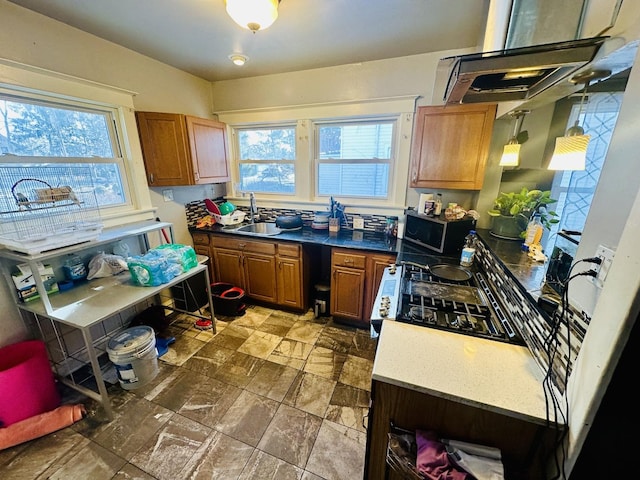 kitchen featuring sink, stainless steel range with gas stovetop, exhaust hood, and plenty of natural light