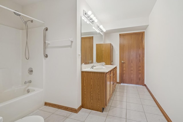 full bathroom with shower / bathing tub combination, vanity, toilet, and tile patterned flooring