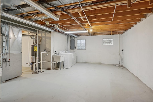 basement with separate washer and dryer, water heater, sink, electric panel, and heating unit