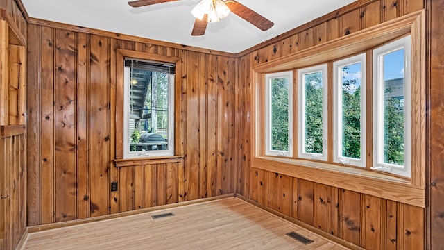 unfurnished room featuring light hardwood / wood-style flooring, a healthy amount of sunlight, and wood walls