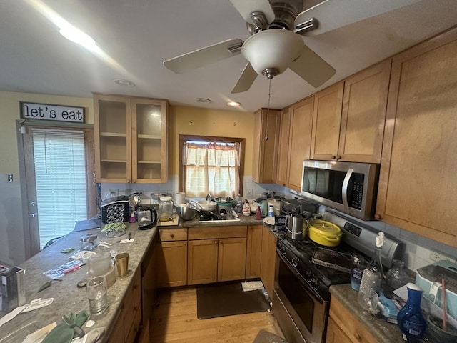 kitchen with sink, light stone counters, ceiling fan, light hardwood / wood-style floors, and appliances with stainless steel finishes