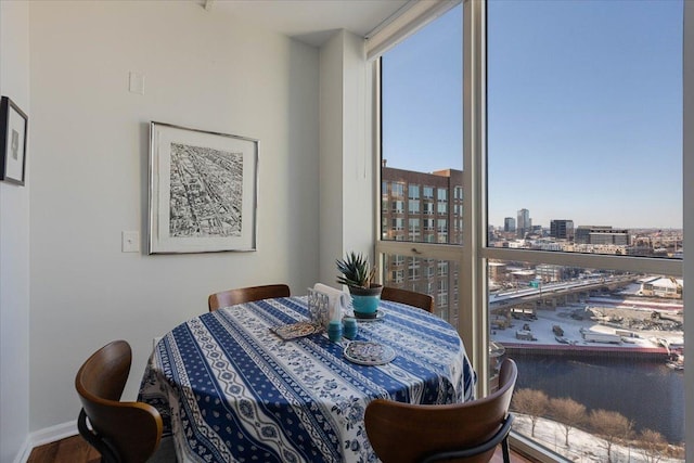 dining room featuring expansive windows and hardwood / wood-style floors