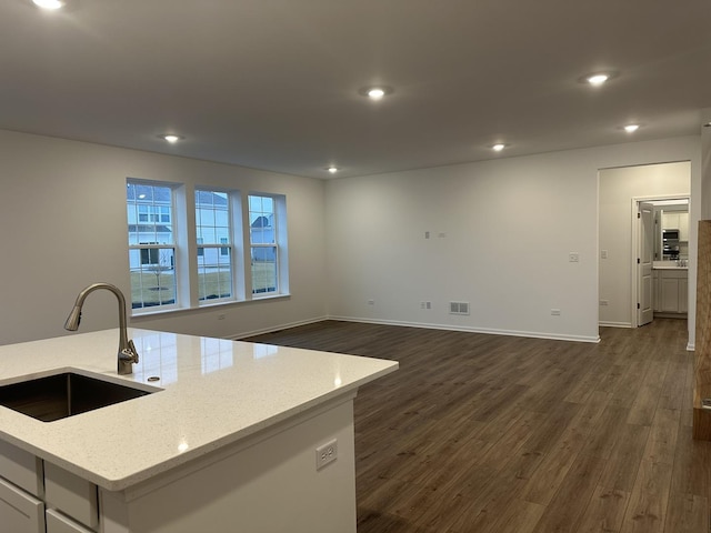 kitchen with dark wood-type flooring, light stone countertops, a center island with sink, and sink