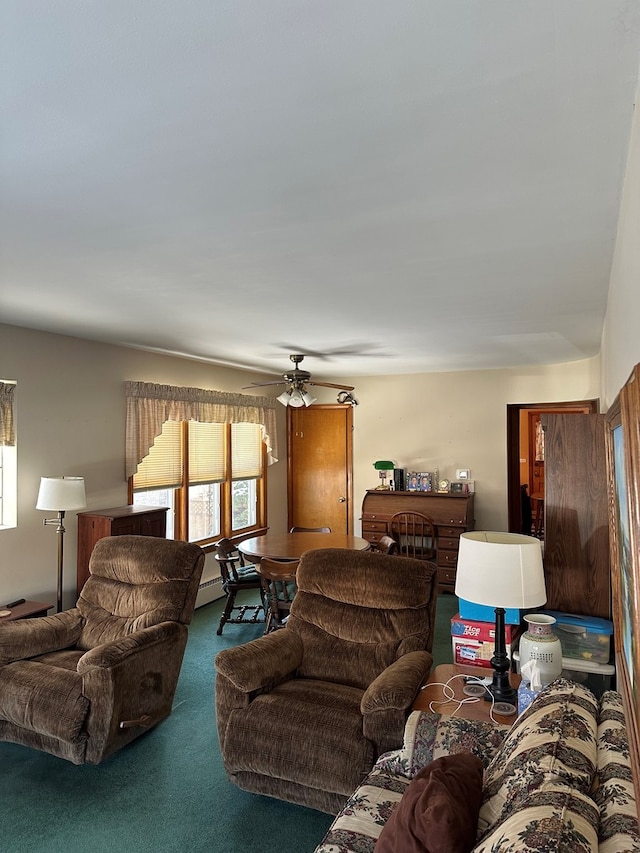 living room featuring carpet floors and ceiling fan