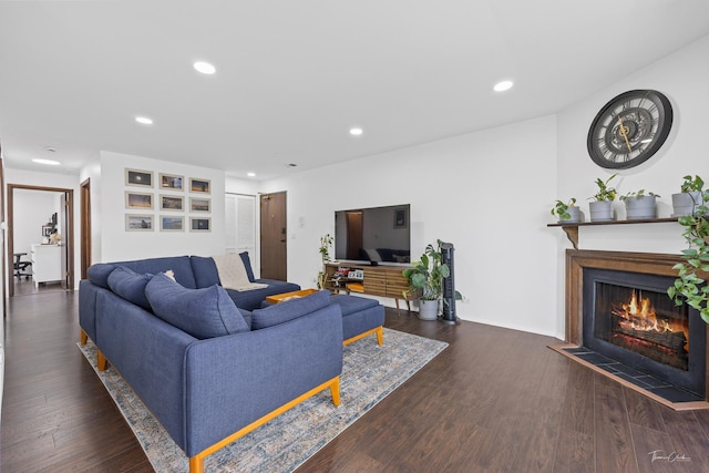 living room with dark hardwood / wood-style floors