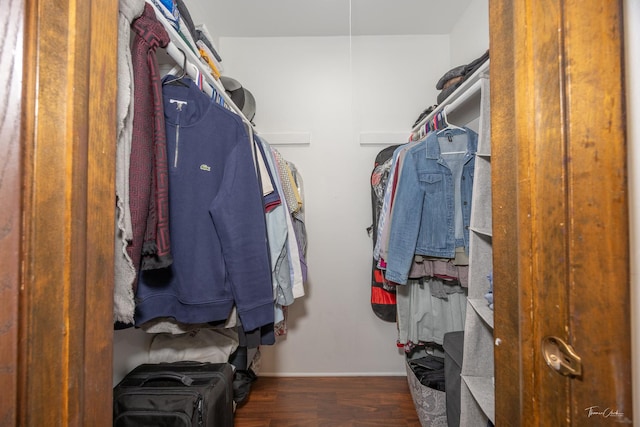 walk in closet with dark hardwood / wood-style floors