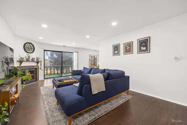 living room with dark hardwood / wood-style floors