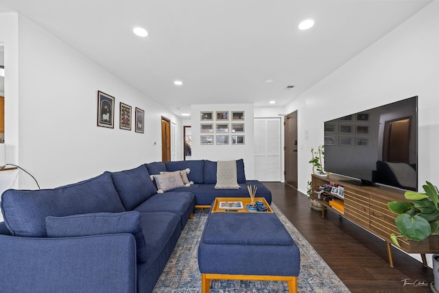 living room with dark hardwood / wood-style flooring