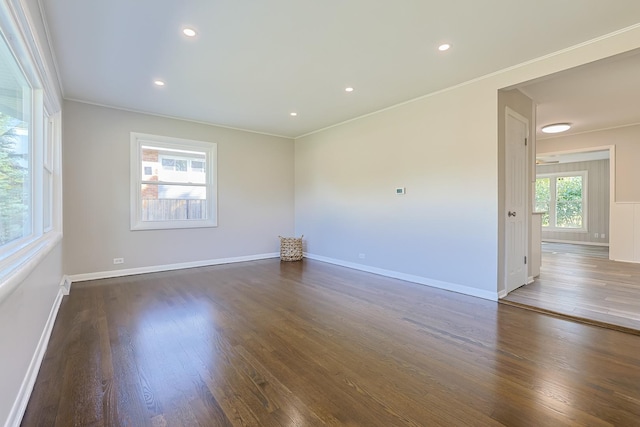 spare room with ornamental molding, a wealth of natural light, and dark hardwood / wood-style floors