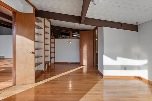 unfurnished room featuring hardwood / wood-style flooring, wood ceiling, and beamed ceiling