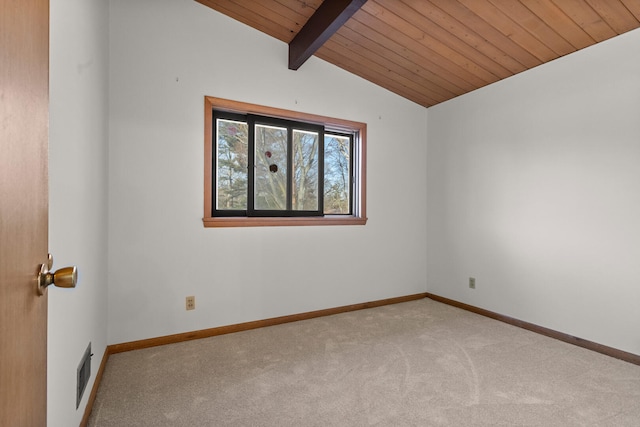 carpeted spare room featuring lofted ceiling with beams and wooden ceiling