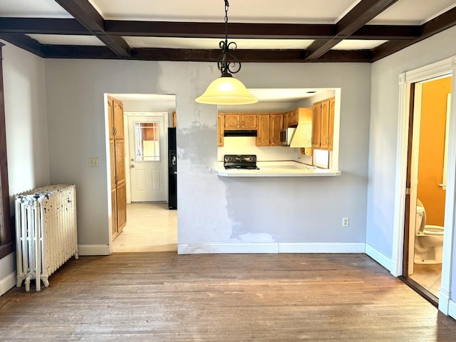 kitchen featuring coffered ceiling, hanging light fixtures, beam ceiling, light hardwood / wood-style flooring, and radiator heating unit