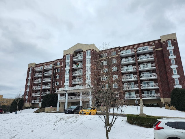 view of snow covered building