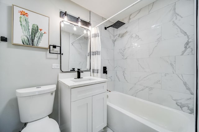 full bathroom featuring toilet, vanity, and shower / tub combo with curtain