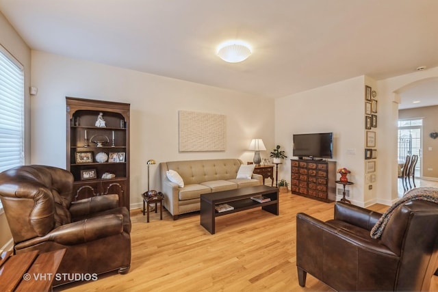 living room featuring a wealth of natural light and light hardwood / wood-style flooring