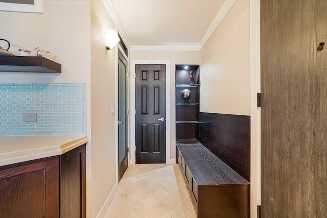 bathroom featuring tasteful backsplash and ornamental molding