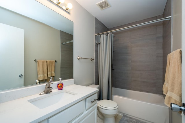 full bathroom with toilet, shower / bath combo, and vanity