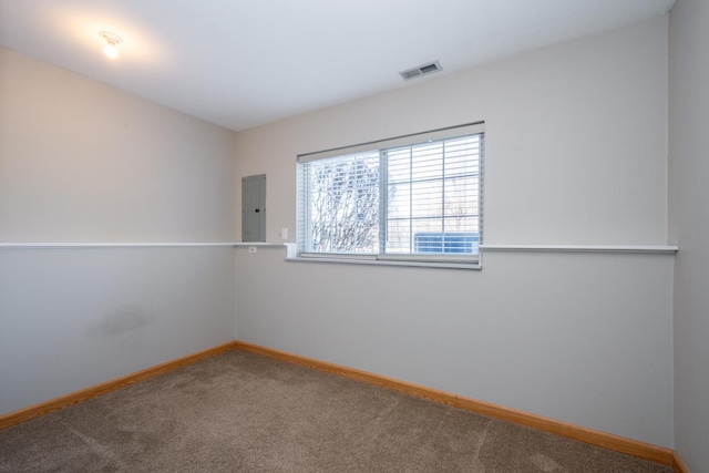 carpeted spare room featuring electric panel