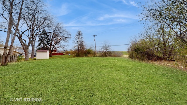 view of yard featuring a storage shed