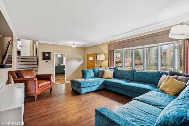 living room featuring ornamental molding and wood-type flooring