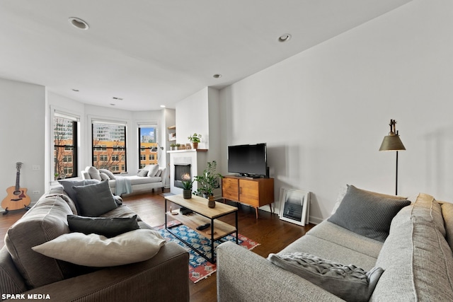 living room with dark wood-type flooring