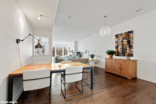 dining area featuring dark wood-type flooring