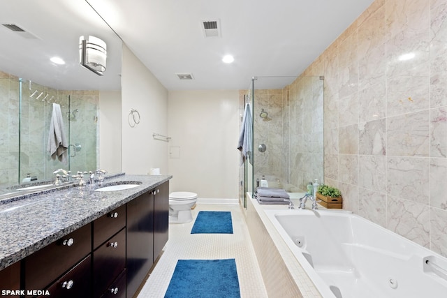 full bathroom featuring toilet, tile patterned flooring, tile walls, plus walk in shower, and vanity