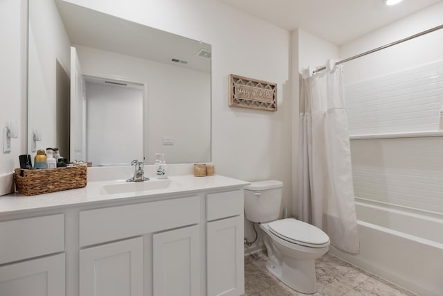 full bathroom featuring toilet, vanity, and shower / bath combination with curtain