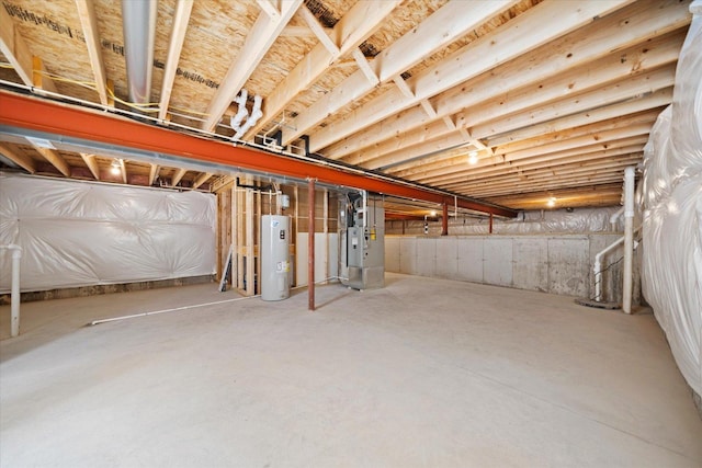 basement with heating unit and water heater