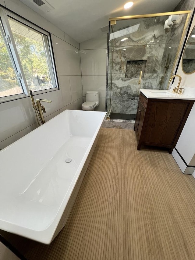 bathroom with tile walls, a shower with shower door, vanity, and toilet