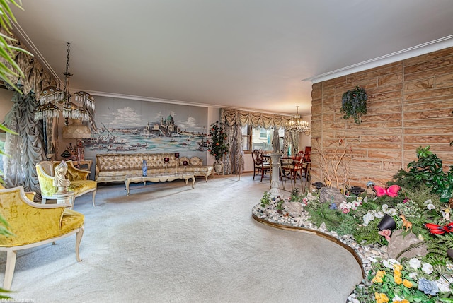 bedroom with ornamental molding, carpet flooring, and a notable chandelier