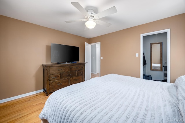 bedroom with ceiling fan and light hardwood / wood-style flooring