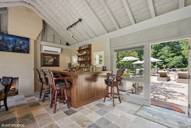 bar featuring sink, wooden ceiling, a wall mounted AC, high vaulted ceiling, and beam ceiling