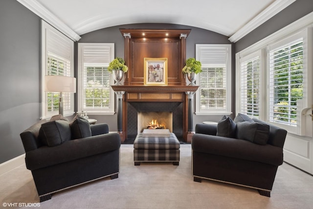 sitting room with lofted ceiling, plenty of natural light, and a lit fireplace