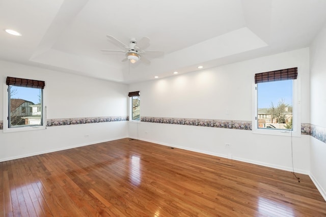 unfurnished room featuring hardwood / wood-style flooring, a wealth of natural light, and a raised ceiling