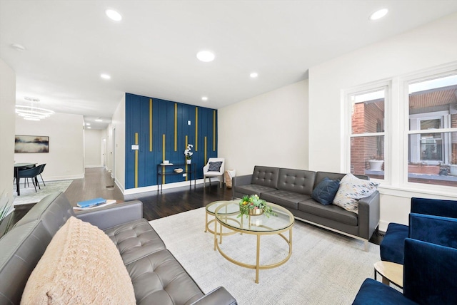 living room with dark hardwood / wood-style flooring