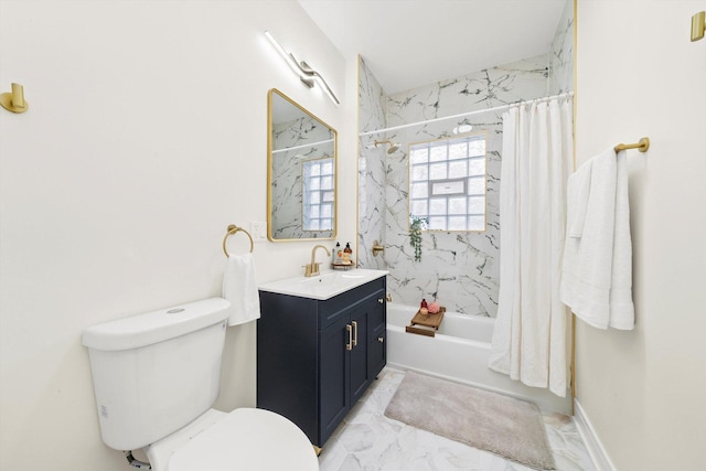 full bathroom featuring toilet, vanity, and shower / tub combo with curtain