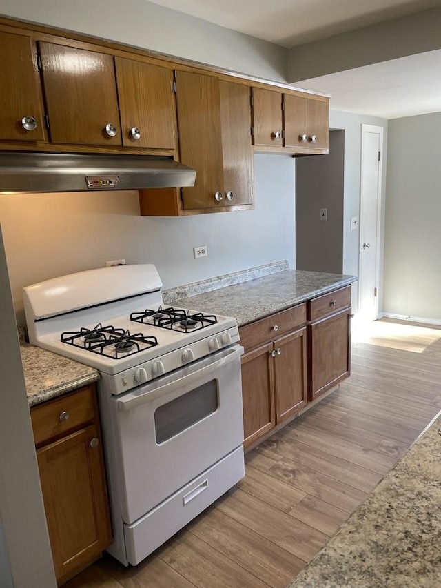 kitchen with ventilation hood, light wood-type flooring, and white gas range